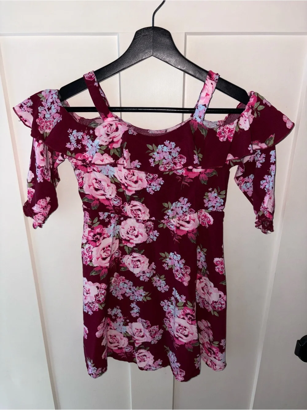 Girls Justice Tunic Dress Sz 10 Burgundy Floral Cold Shoulder Sequins EUC Fall